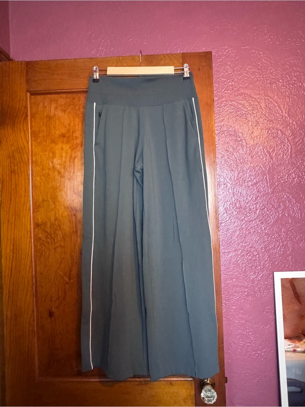 Athleta Dark Teal Wide Leg Pants with White Side Piping